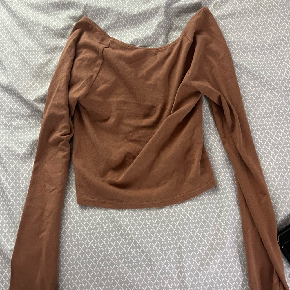 Aerie Brown Asymmetrical Fitted Long Sleeve Blouse